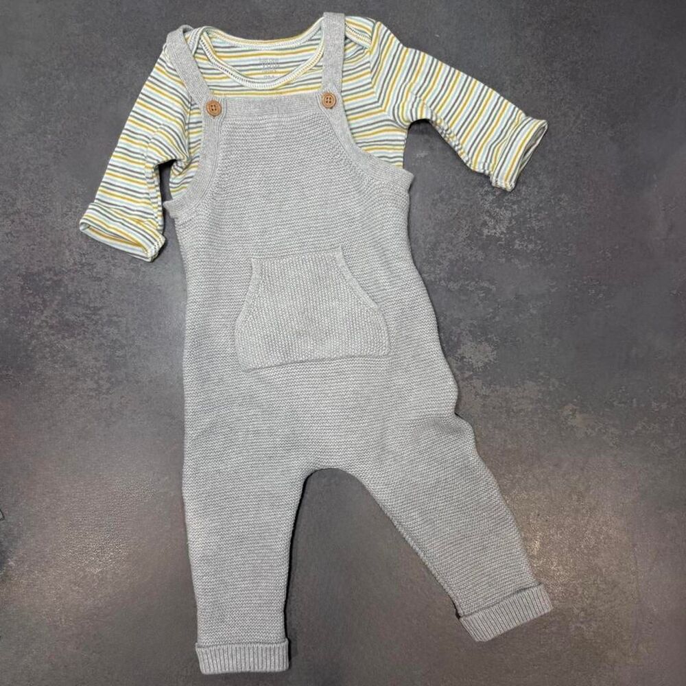 Little Planet Knit Overall Set 9M Gray Sweater Romper Carter’s Striped Bodysuit